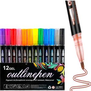 Dreamy Sparkle Dual-Line Contour Pen, Quick-Drying Double Line Outline Art Pen, 12 Colors Self-Outline Metallic Marker Drawing Pens