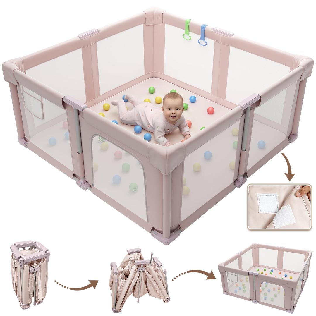 Seeday 51" Foldable Baby Playpen with Mat, Playpen for Babies and Toddlers with Ocean Balls and Pull Links, Soft Breathable and Visible Mesh, Indoor and Outdoor Play Pen, Pink