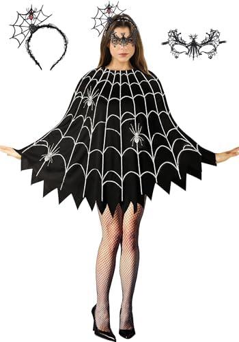 CONGRU 3 Pcs Spider Web Poncho for Women,Spider Web Costume Dress with Headband& Mask,Halloween Costume for Women, S