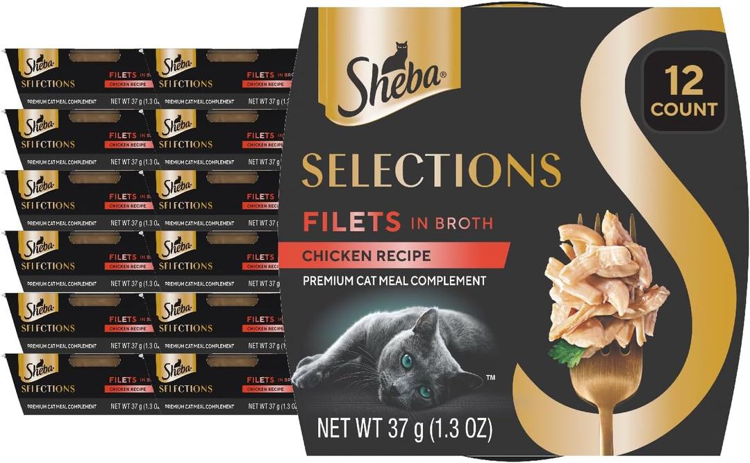 Sheba Selections Filets in Broth, Adult Cat Food Wet Recipe, Meal Complement, Chicken Recipe, 1.3 oz. Cups, 12 Count (BBD 07/14/2027)