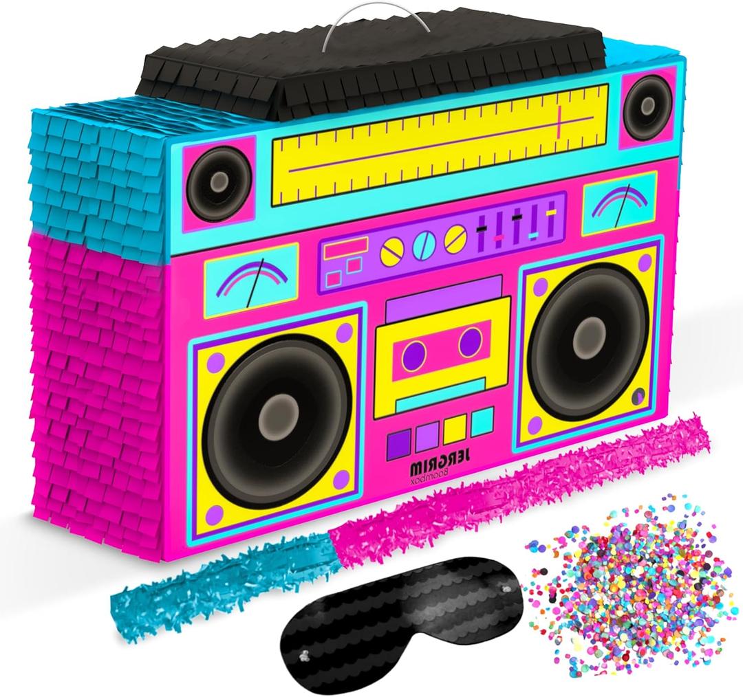 Boombox Piata 4-Piece Set perfect for Retro Birthday Party, Decorations, 80s Parties, Hip Hop 90s, 1980s Radio Piata for kids and adults (17X10) Durable!