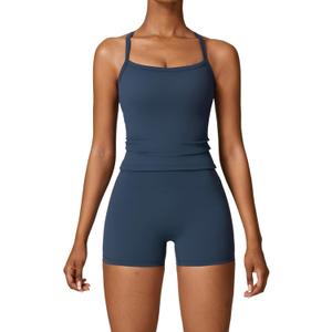 Two Piece Workout Sets For Women Tank Top Matching High Waist Booty Lifting Shorts Gym Yoga Active Wear Outfits (Medium, Dark Blue)