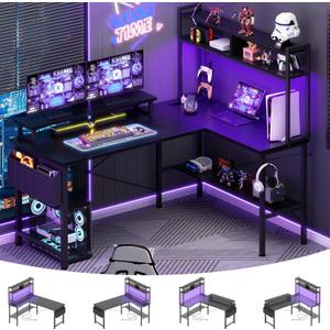Aheaplus L Shaped Gaming Desk with Power Outlets & LED Lights, Small L- Shaped Desk Computer Corner Desk with Monitor Stand & Storage Shelf, Home Office Desk Writing Desk with Storage Bag, Black