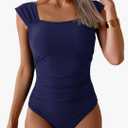 B2prity Womens One Piece Swimsuit Retro Square Neck Tummy Control Bathing Suits Ruched Modest Full Coverage Swimwear, M