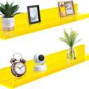 ROYALITA 24 Inches Acrylic Floating Book Shelves Wall Mounted Set of 2, Wall Hanging Plant Display Shelves, Room Decor Floating Wall Shelves for Gaming Room, Bedroom, Living Room, Office, Yellow