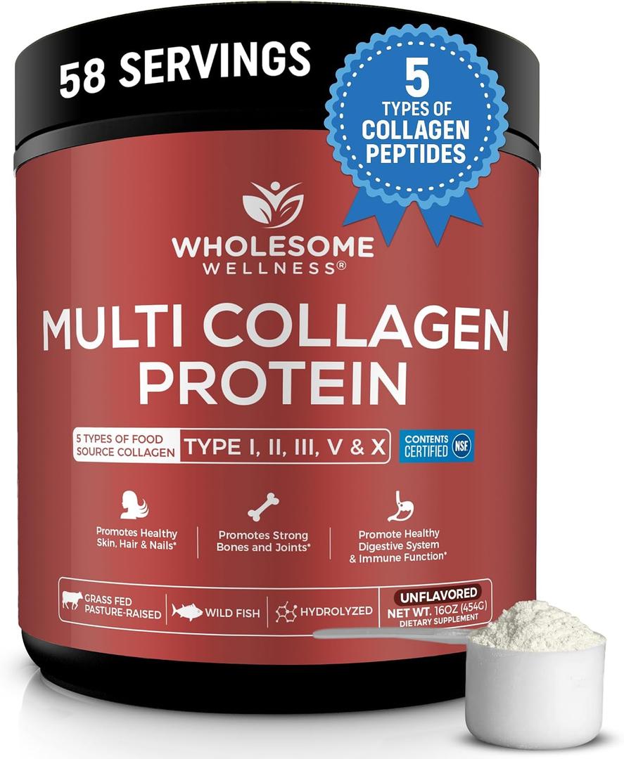 Wholesome Wellness Premium Multi Collagen Peptides Protein Powder for Women and Men, 5 Types of Hydrolyzed Collagen, Grass-Fed, Non-GMO & Unflavored, Pure Protein for Youthful Skin & Joint Recovery BBD: 06-2029