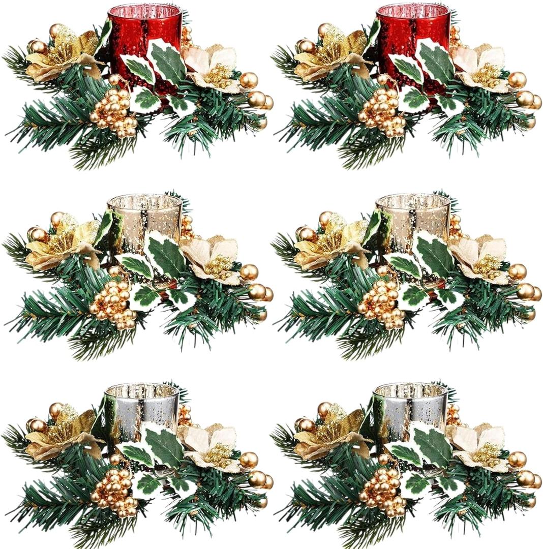 Set of 12 Christmas Votive Candle Holders with Berry Candle Rings Wreaths Xmas Centerpiece Table Decor 6 Glass Votive Tealight Holders with 6 Christmas Wreath Rings(Gold,Trendy)