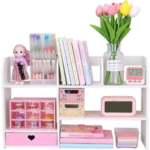 Cute Bookshelves Cute Bookshelf for Desk Kawaii Desk Organizer with Drawer Office Desk Organizers and Accessories Storage Home Decor Display (Pink)