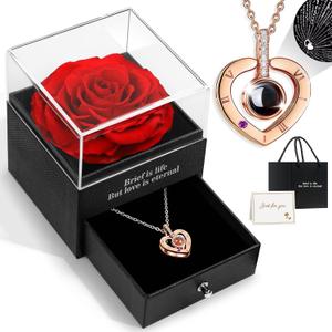 HEGUD Preserved Real Rose with I Love You Necklace in 100 Language, Eternal Flowers Rose for Mom Women Wife Girlfriend Grandma-Red