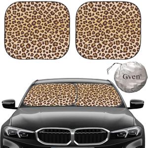 Gven Windshield Sun Shade 2pcs with Bonus Car Sunshade for Front Window Shades 2025 Technology Reflect UV and Heat Sun Visor Automotive Interior Sun Protection (Leopard, M)