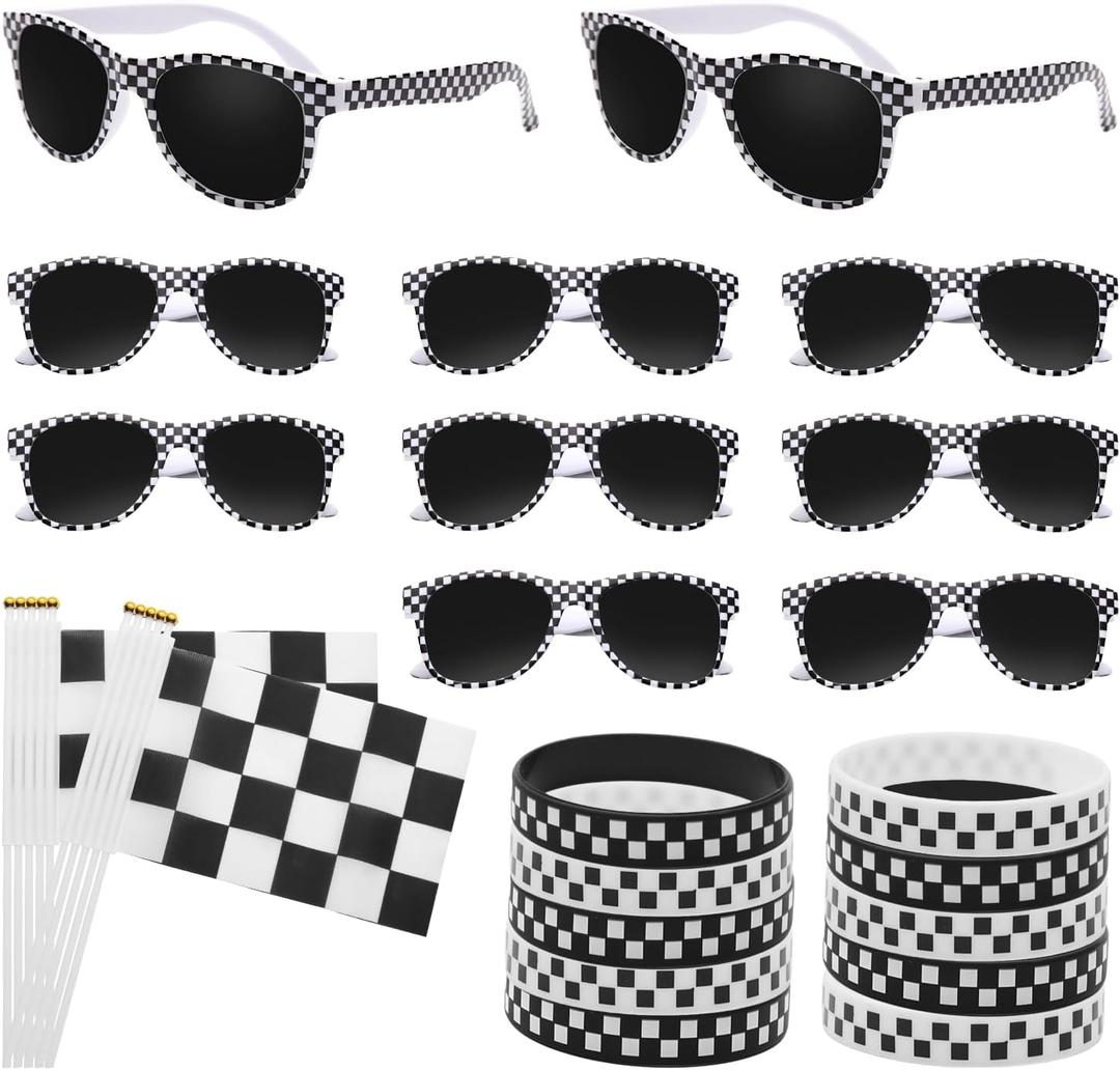 30 Packs Race Car Sunglasses Wristbands Stick Flags for Racing Theme Party Favors Set Race Car Checkered Sunglasses Black and White Silicone Bracelets Flags Set for Kids Racing Birthday Gifts Supplies