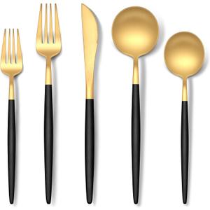 Stapava 60-Piece Matte Black Gold Silverware, Stainless Steel Utensils Cutlery Set for 12, Satin Finish Flatware Include Forks Spoons and Knives for Home Restaurant, Dishwasher Safe