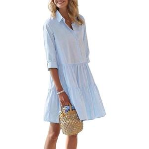 chouyatou Women's Striped Button Down Shirt Dress Loose Casual Cuffed Sleeve Tiered Mini Tunic Dress, Size: Large