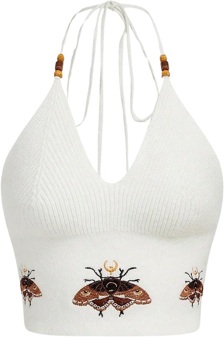 Verdusa Women's Crop Halter Tops Y2k Goth Clothes Crochet Cami Sleeveless Tie Backless Boho Knit Top Camisole (Medium, White)