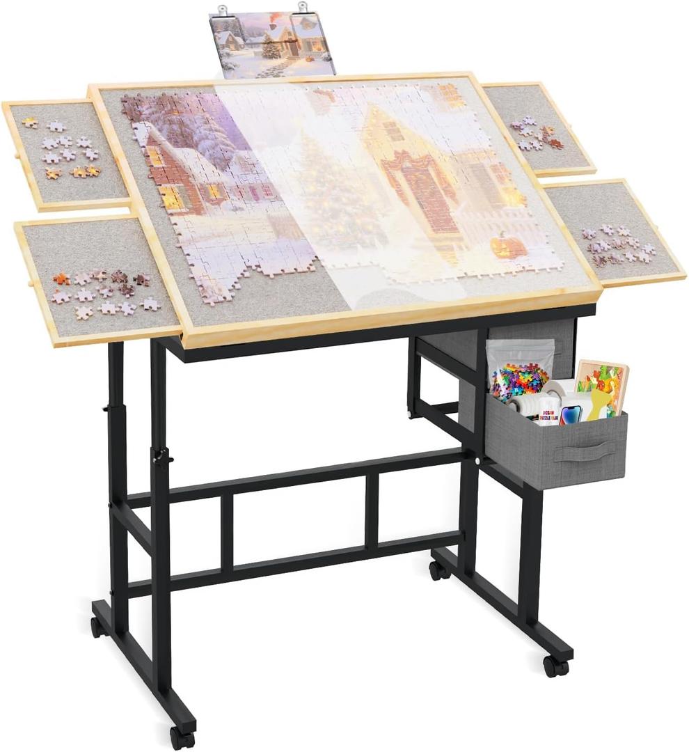 Doerpuz Jigsaw Puzzle Table with Drawers  6,1500pcs Adjustable Height and Five up Angles Puzzle Tables for Adults with Drawers,Cover,Wheels for Indoor Game in Winter(Gray)