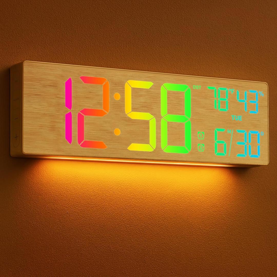 MASHI 18.5" Large Digital Wall Clock with Remote Control, Dual Alarm with Big LED Screen Dispaly,10 Adjustable Brightness, DST, Date Week,Temp for Living Room, Bedroom, Gift for Elderly (Bamboo)