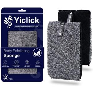 Yiclick Exfoliating Body Scrubber (2 Pack), Exfoliating Body Sponge for Shower Bath, Body Exfoliator Scrubber, Dead Skin Exfoliator for Body Scrub, Exfoliating Loofah Washcloth Gloves with Handle (Black)