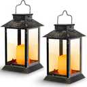Solar Lights Outdoor Waterproof, Solar Lights Metal Flickering Flame Lantern Outdoor Hanging for Front Porch Decor, Outdoor Patio, Garden,Balcony,Porch, Christmas, Fall Decor, 2 PCS (Bronze)