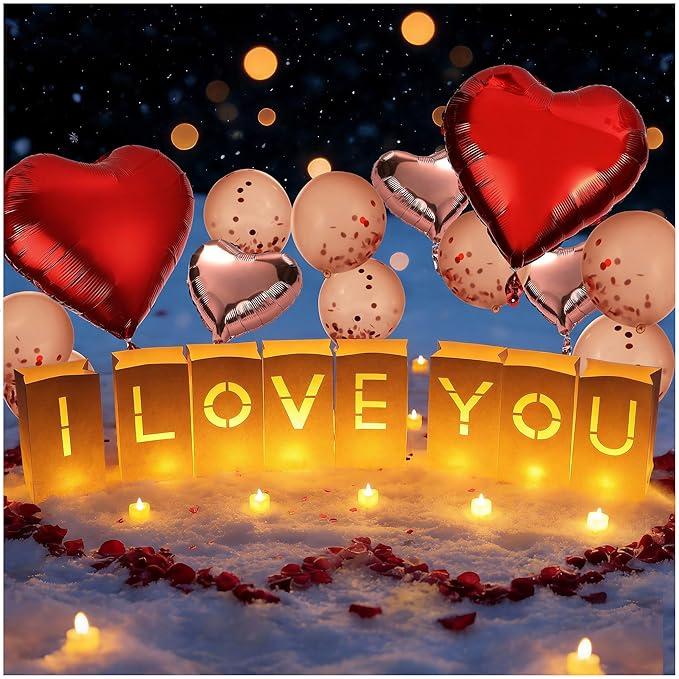 Chanceboleng I Love You Light Up Letters Luminary Bags with Tea Lights Candles, Latex Balloons, Aluminum Balloons and Rose Petals Proposal Anniversary and Valentines' Day Decorations