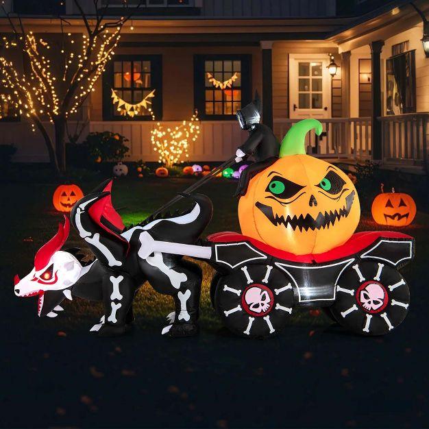 9 FT Long Halloween Inflatable Decoration Grim Reaper Driving Pumpkin Carriage