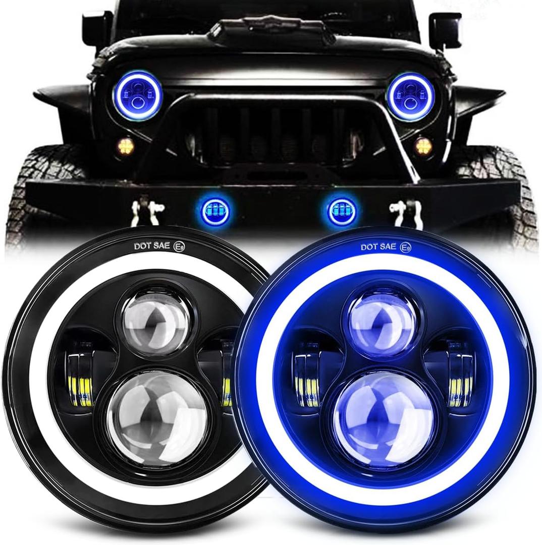 7 Inch LED Headlights with Blue Halo Ring Amber Turn Signal Wrangler Headlights High/Low Sealed Beam Projector Compatible with JK LJ CJ TJ H6024 LED Headlamps, 2PCS Blue