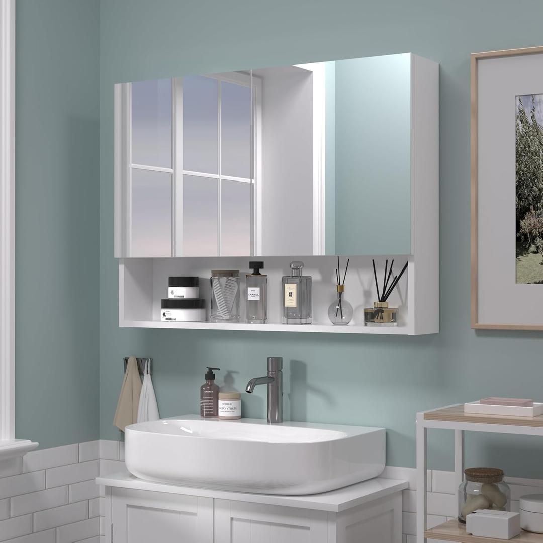 24x32 Bathroom Cabinet with Mirror, Wall Cabinet with 2 Mirrored Doors, Adjustable Shelf, Open Compartment, Wall-Mounted, White (Assembly Required), W32 x H24 2 Door