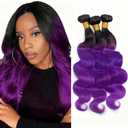 Human Hair Bundles 2 Tone Black To Purple Color T1B Purple Body Wave 300g Brazilian Unprocessed Virgin Human Hair Quick Weave Extensions (16 18 20 Inch T1B/Purple Body Wave)