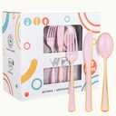 WDF 180 Pieces Pink Plastic Silverware with Gold -Pink Plastic Utensils Set - 60 Guest Cutlery Disposable for Birthday Party Baby Shower Wedding Spring