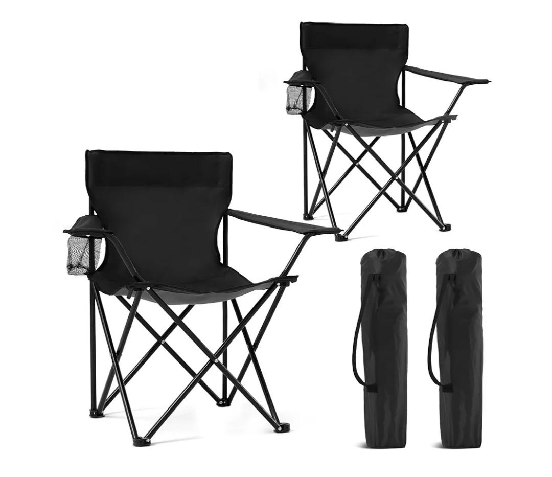 2 Pack Portable Camping Chairs Folding Lawn Chair Outdoor Lightweight Beach Chair with Cup Holder & Carry Bag for Outside Sports, Fishing, Hiking, Travel, Picnic, Backyard (Black-Dark)