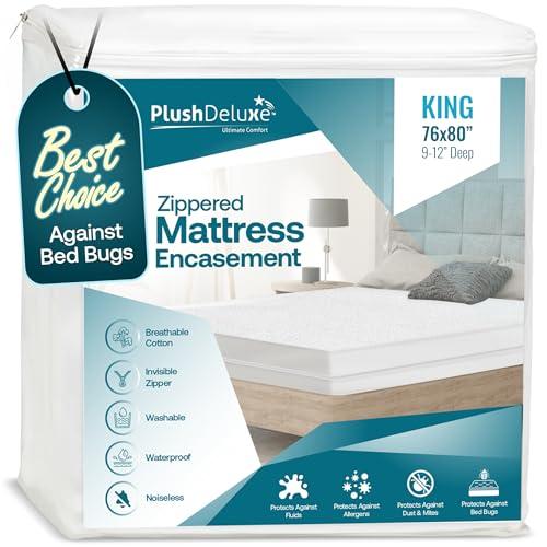 PlushDeluxe King Size Premium Mattress Encasement - Zippered Waterproof, Bedbug Proof Design, 6-Sided Protection - Hypoallergenic Cotton Terry Fabric 9-12" Depth