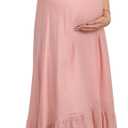 STYLEWORD Women's 2026 Summer Maternity Dress Short Sleeve V Neck Tiered Boho Flowy Long Maxi Dress (Pink, M)