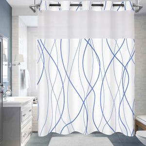 No Hook Shower Curtain with Snap in Liner Set, Sky Blue Striped Geometric Shower Curtains for Bathroom Hotel 71x74 Inch