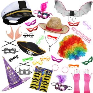 33 Pcs Funny Captain Hat & Glasses Photo Booth Kit Props, Assorted Costume Accessories for Wedding, Kids Birthday, Family & Carnival Party
