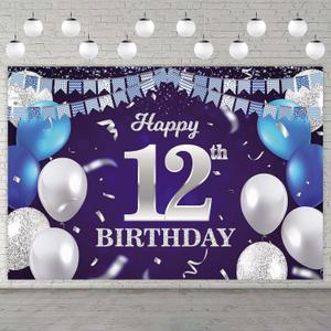 Happy 12th Birthday Banner Backdrop Navy Blue Balloons Confetti Stripe Flag Light Spots Cheers to 12 Years Old Theme Decorations Decor for Girls Boys 12th Birthday Party Bday Supplies Glitter Silver