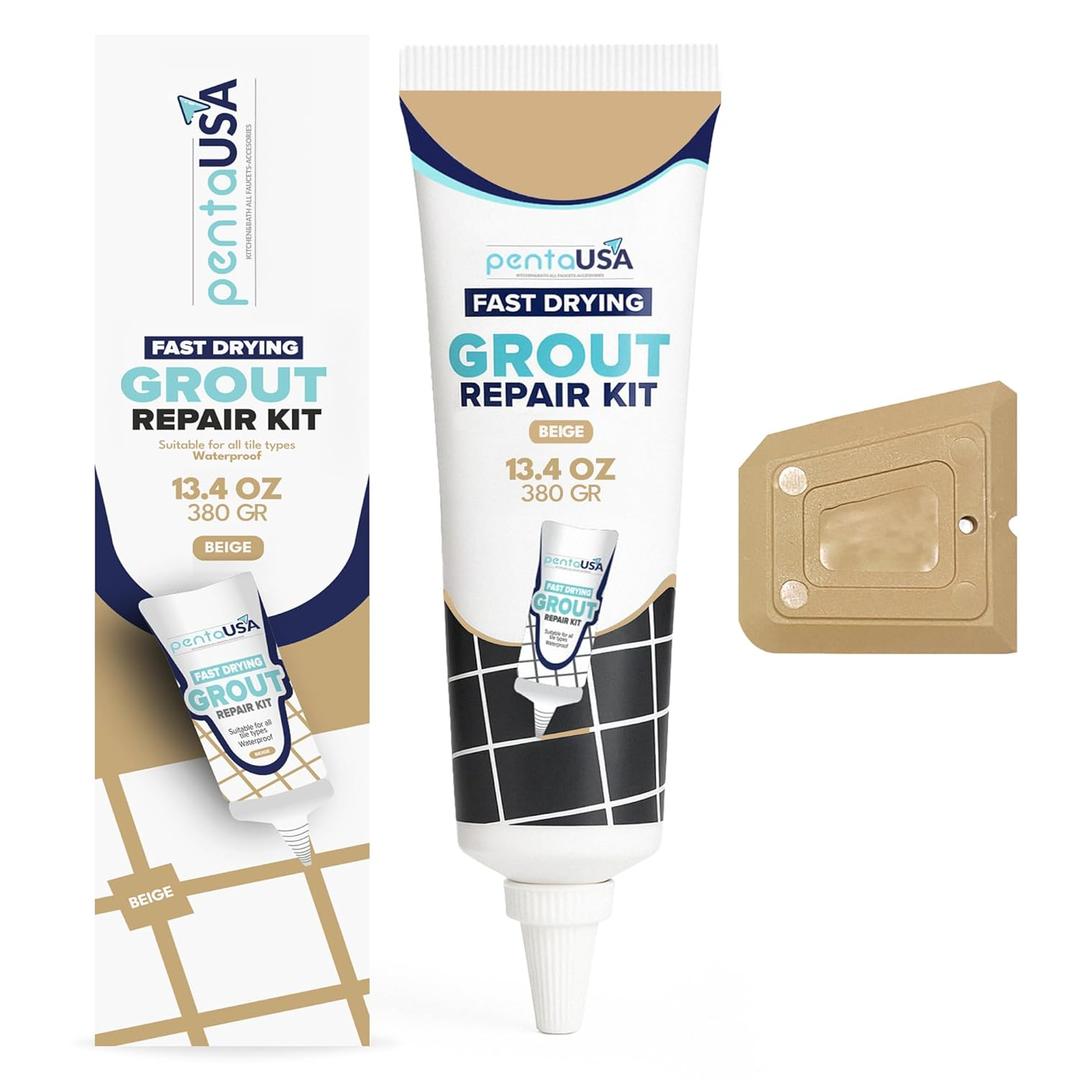 Tile Grout Repair Kit - Warm Beige - Premixed Acrylic Sanded Grout, Waterproof Formula, Bathroom & Shower Grout Repair, with Plastic Applicator, 13.4 oz / 380 g / 0.84 lb
