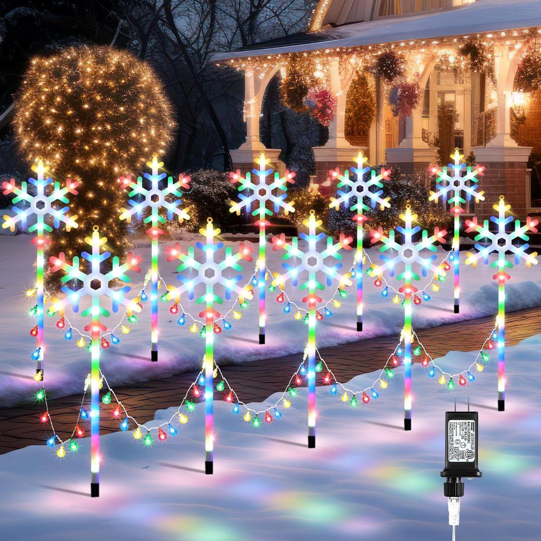 Hohean Christmas Snowflake Pathway Lights Outdoor, Set of 10 Christmas Pathway Lights with 8 Lighting Modes, Outdoor Xmas Decorations with Timer for Holiday Walkway Patio Yard Garden(Colorful)