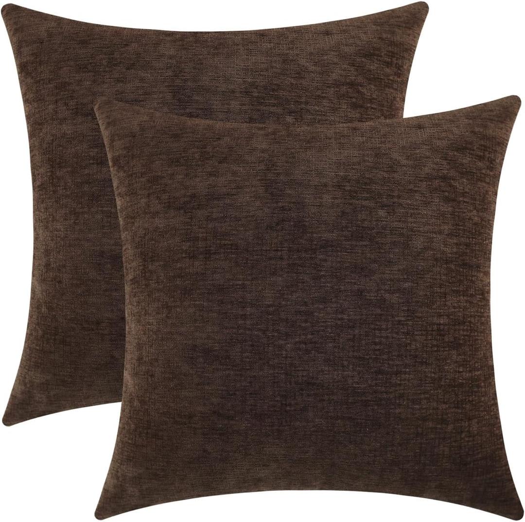 Brown Chenille Decorative Couch Throw Pillow Covers, Soft Cushion Cases for Home Livingroom Sofa Décor, Pack of 2, 17 x 17 Inches