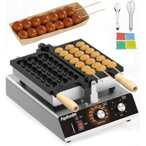 Commercial Waffle Pop Machine, Stainless Steel Waffle Skewer Maker with Nonstick Teflon, 1500W Adjustable Temp & Timer, 3-Grid Electric Waffle Ball Maker, for Snack Bars & Eateries