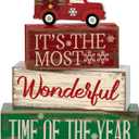 Moucuny 4 Pcs Christmas Decor Wooden Red Truck Winter Tiered Tray Decor Rustic Merry Christmas Table Centerpiece Wood Red Truck Block Sign Gift Farmhouse for Home Kitchen Tabletop Office Shelf