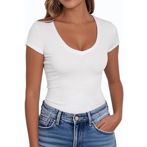 PALINDA Women's V Neck Fitted Shirts Basic Casual Stretchy T Shirt Short Sleeve Summer Tops (Large) PALINDA Women's V Neck Fitted Shirts Basic Casual Stretchy T Shirt Short Sleeve Summer Tops (Large)