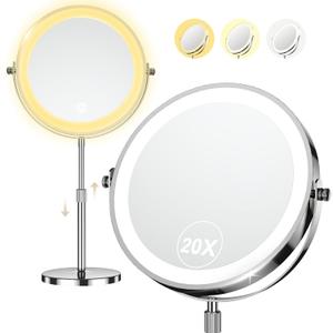 9" Makeup Mirror with Lights, 20X Vanity Mirror with Lights,3 Color Height Adjustable Lighted Makeup Mirror with Magnification, 5000mAh Rechargeable 360 Double Sided LED Mirror for Desk, Women Gift (Chrome)