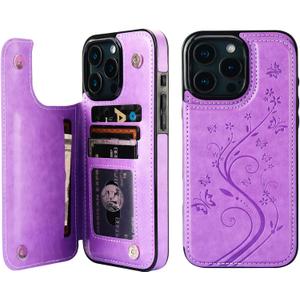 Vaburs Compatible with iPhone 16 Pro Max Case Wallet with Card Holder,Embossed Butterfly Pattern PU Leather Double Buttons Flip Protective Shockproof Cover for Magnetic Car Mount 6.9 Inch (Purple)