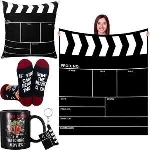 Frienda 5 Pcs Movie Gift Sets Include Throw Blanket Theater Pillow Covers TV Ceramic Mug Socks Keychains Watching Gifts for Movie Fans Lovers Men Women Actor Director Acting