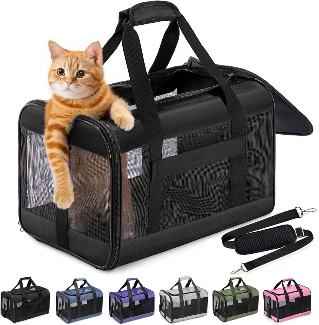 Cat Carrier Airline Approved, Soft-Sided Dog Carrier with Inner Safety Leash, Pet Transport Carrier for Small-Medium Cats Puppies up to 15 Lbs, Collapsible Travel Kitten Carrier Bag -BlackM (17.0"L x 11.0"W x 11.0"H)