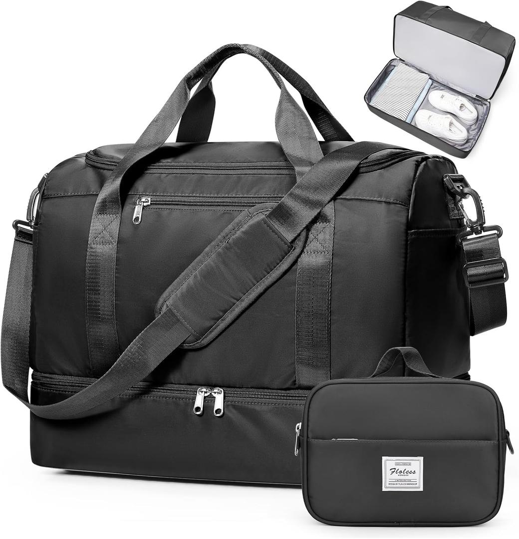 Travel Duffel Bag,Carry-On Overnight Weekender Bags with Shoes Compartment | Travel Bag with Wet Pocket & Toiletry Bag,For Spirit Airlines 18x14x8 Personal Item Bag,Small,Black
