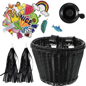 Kid's Bicycle Basket Streamers Set, Children's Bike Handlebar Wicker Basket with Colourful Bike Streamers Bell and Stickers, Bike Decoration Accessories Kit for Girls (Black) Kid's Bicycle Basket Streamers Set, Children's Bike Handlebar Wicker Basket with Colourful Bike Streamers Bell and Stickers, Bike Decoration Accessories Kit for Girls (Black)