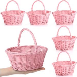 Barydat Small Wicker Basket with Handle Flower Girl Baskets Oval Willow Woven Braided Gift Basket for Weddings Picnic Baby Shower Home Garden Decor(6 Pcs,Pink,9" x 7" x 4")
