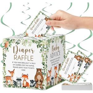 Woodland Diaper Raffle & Baby Advice Cards - Forest-Themed Gender-Neutral Baby Shower Game Tickets for Diaper Raffle Box, Deer, Fox & Owl Design Party Supplies (Green Eucalyptus Border)