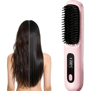 2026 New Go Brush Pro for Short Hair, Portable Straightener Brushs for Travel, with LCD Temperature DisplayFast Heating Cordless Styling Tools (Pink)