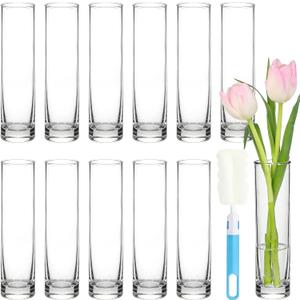 TBWIND 12pcs Glass Cylinder Bud Vases for Centerpieces, 7.5 Inch Clear Slim Flower Vases for Single Stems, Small Glass Vases in Bulk for Wedding Table Party Home Decor